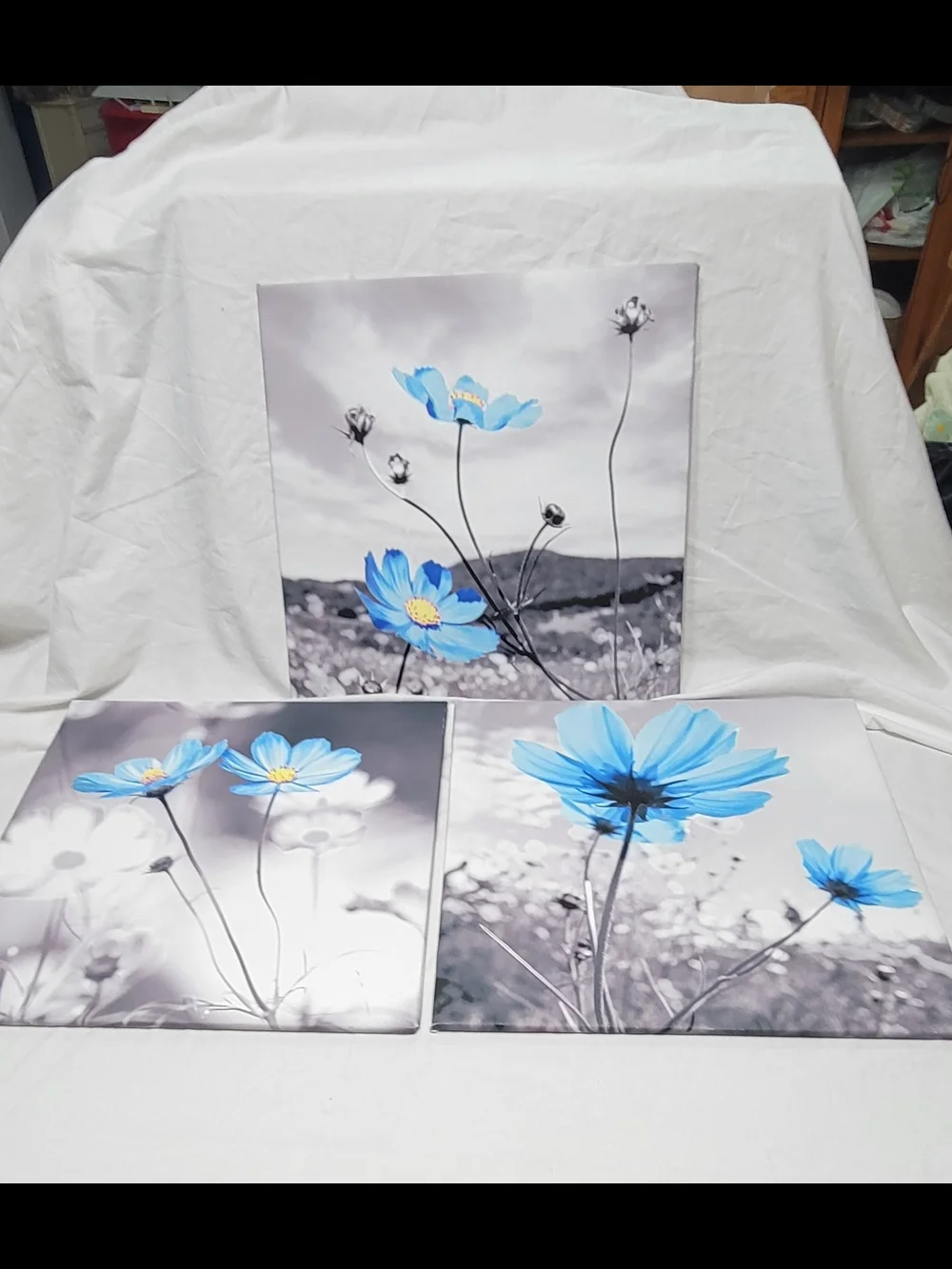 Blue Flower Canvas Print 3 Piece Set, Black/White Background, Ready to Hang